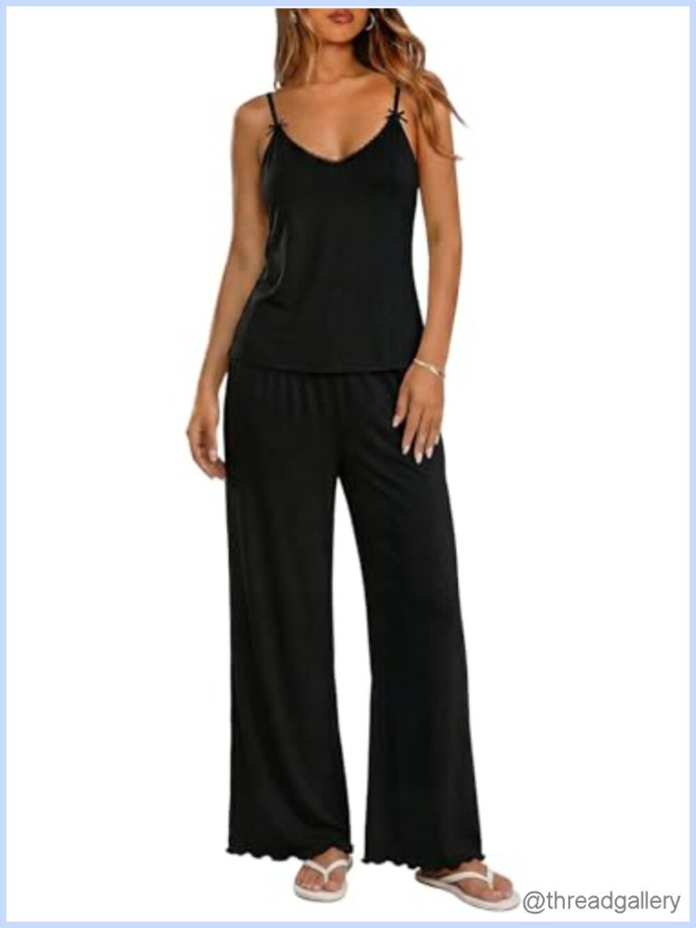 Womens Cami Pajama Set Lace Trim Spaghetti Strap Flare Pants Sleepwear